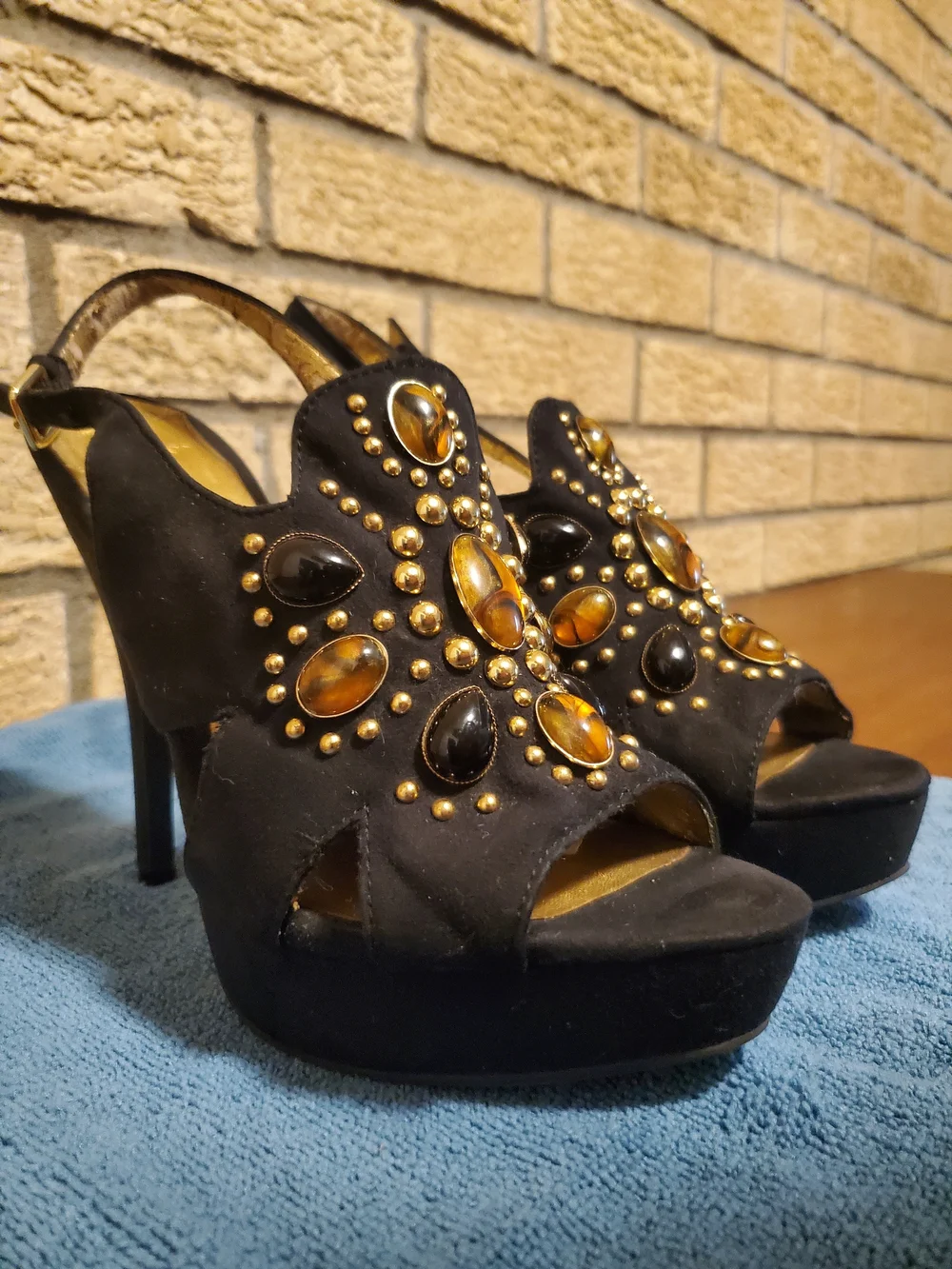 Carlos by Carlos Santana Black Suede Slingback Heels with Amber and Black Jewels